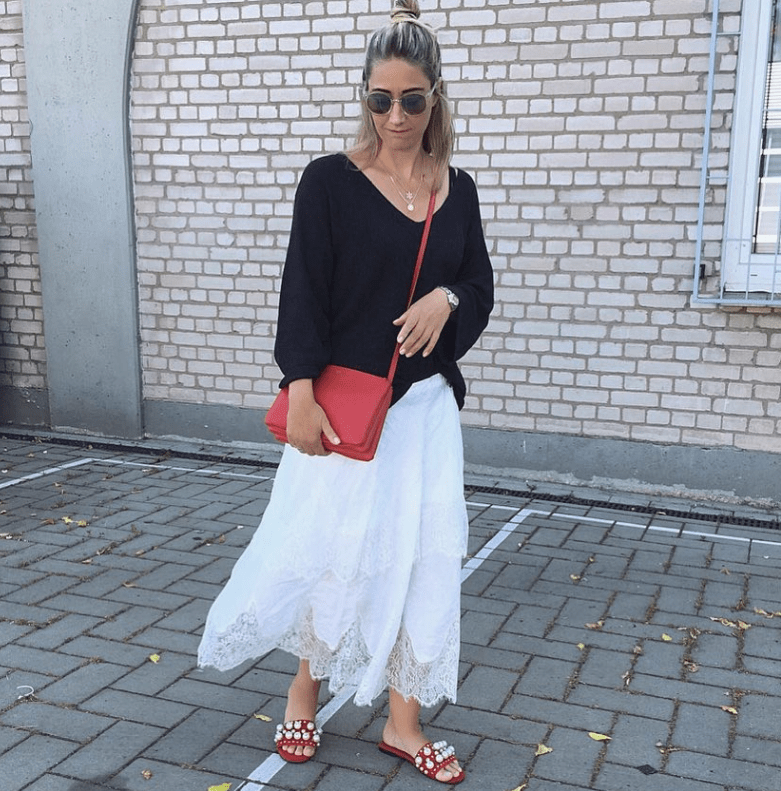 red pearl flat shoes