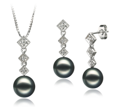 8-9mm AAA Quality Japanese Akoya Cultured Pearl Set in Rozene Black