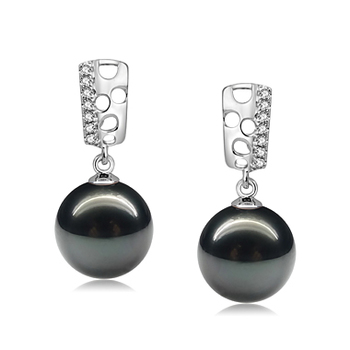 9-10mm AAA Quality Tahitian Cultured Pearl Earring Pair in Zuella Black